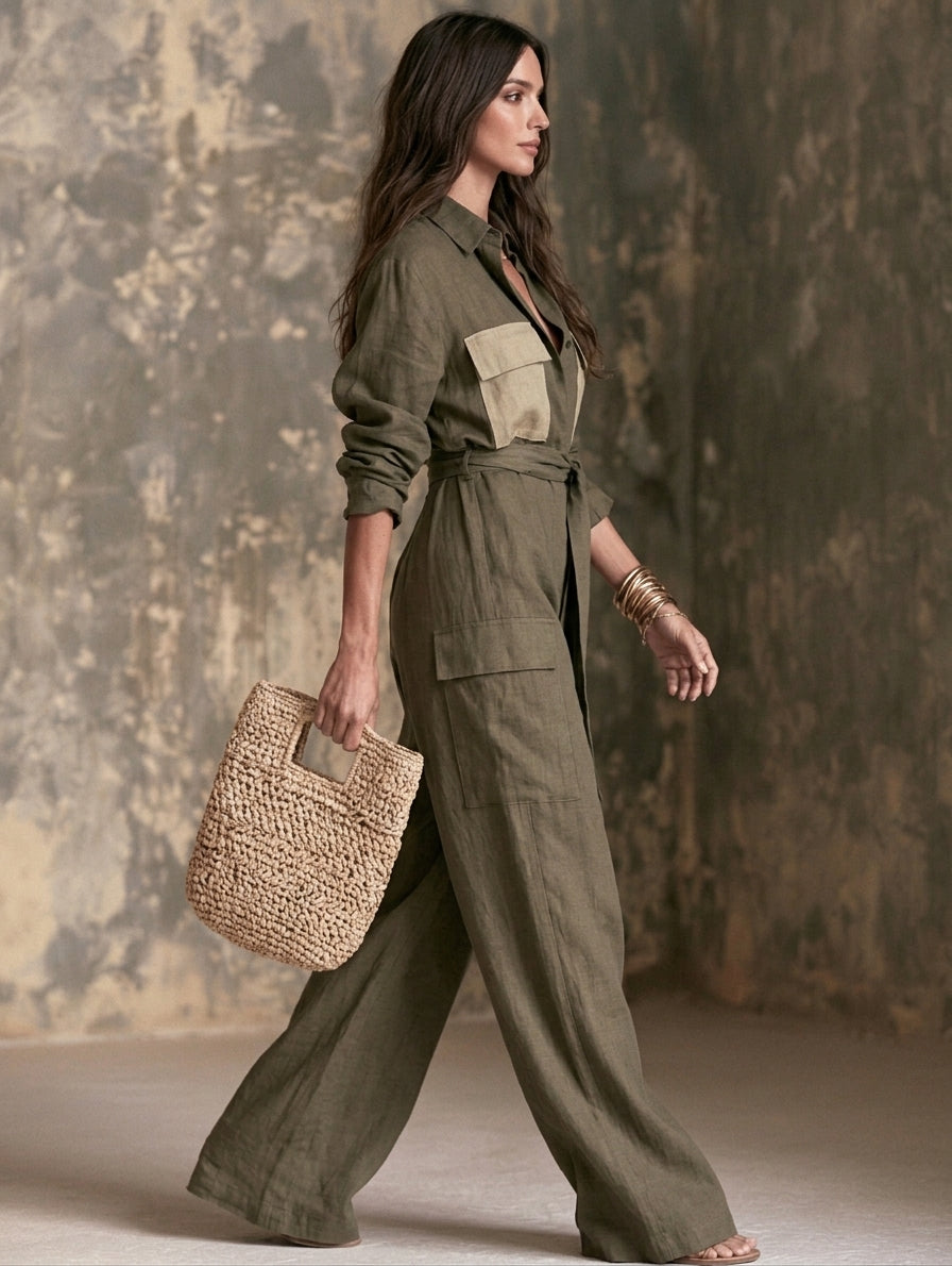 Women's Casual Dark Green Cotton-Linen Long-Sleeve Jumpsuit