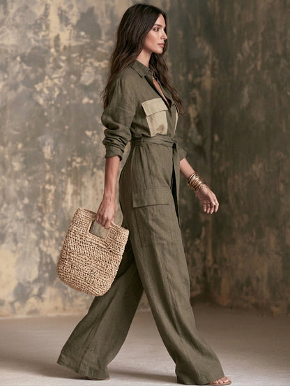 Women's Casual Dark Green Cotton-Linen Long-Sleeve Jumpsuit