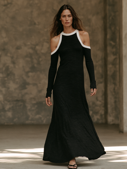Women's Minimalist Long-Sleeve Maxi Dress In Stretch Jersey With White Trim