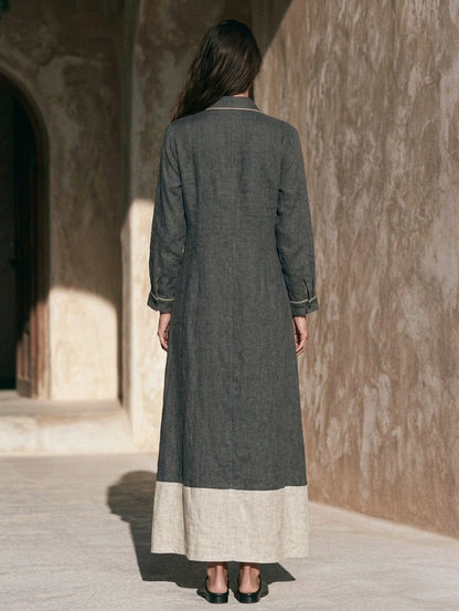 Women's Casual Grey Cotton-linen Long-sleeved Maxi Dress