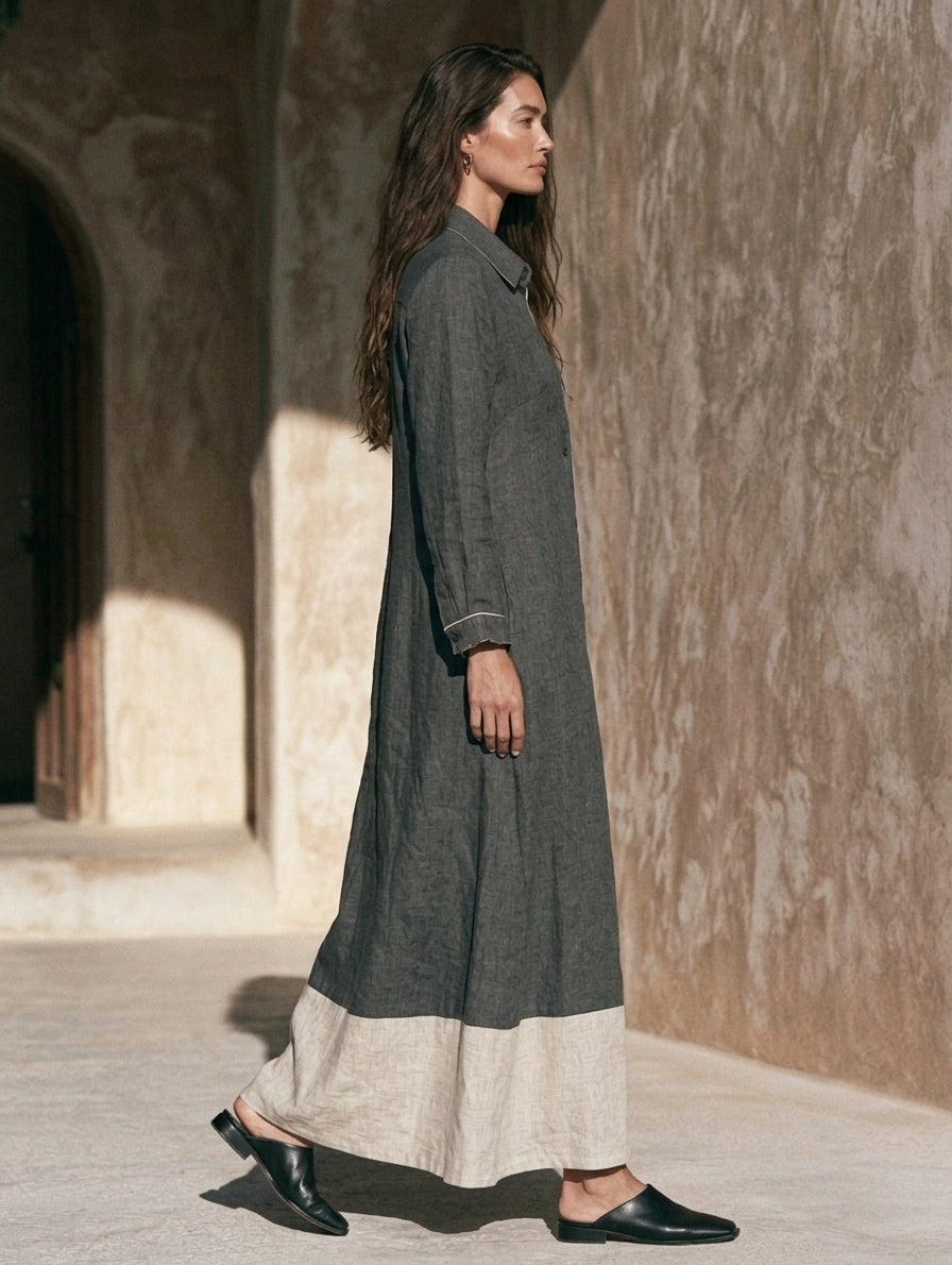 Women's Casual Grey Cotton-linen Long-sleeved Maxi Dress