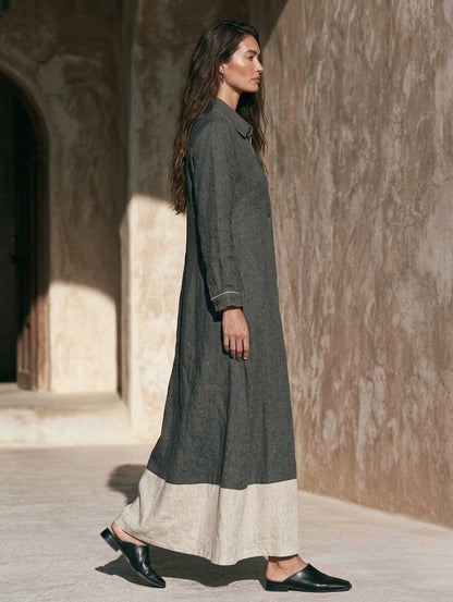 Women's Casual Grey Cotton-linen Long-sleeved Maxi Dress