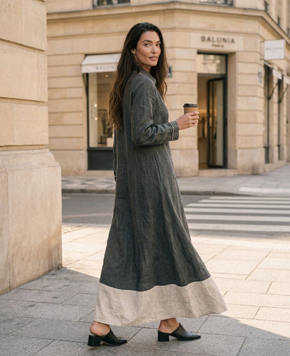 Women's Casual Grey Cotton-linen Long-sleeved Maxi Dress