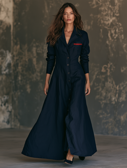 Women's Minimalist Lapel Long-Sleeve Single-Breasted Maxi Dress
