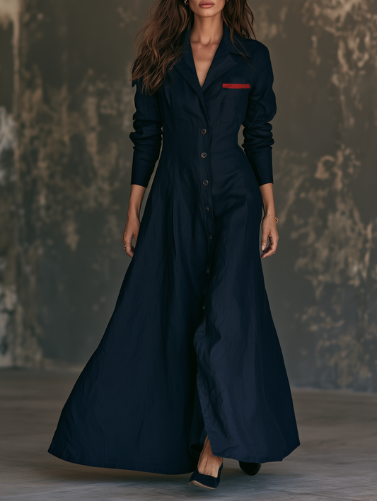 Women's Minimalist Lapel Long-Sleeve Single-Breasted Maxi Dress