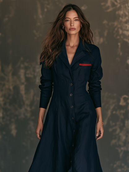 Women's Minimalist Lapel Long-Sleeve Single-Breasted Maxi Dress