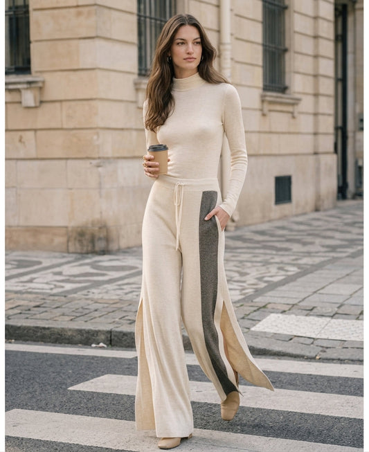 Women's Beige 2-Piece Set Long-sleeve Top And Pants In Stretchy Knit Fabric