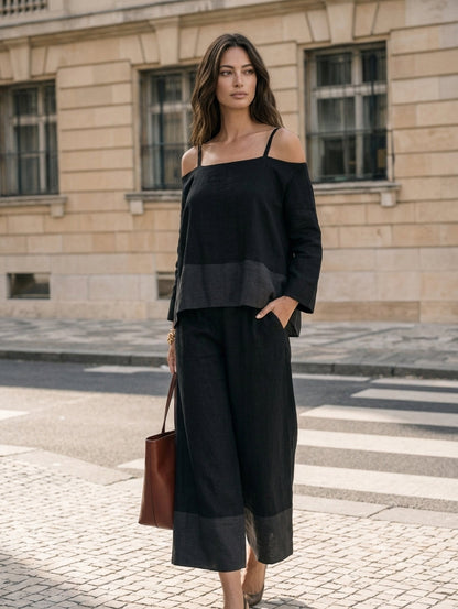 Women's Casual 2-Piece Set Black Cotton-Linen Long-Sleeve Off-Shoulder And Pants