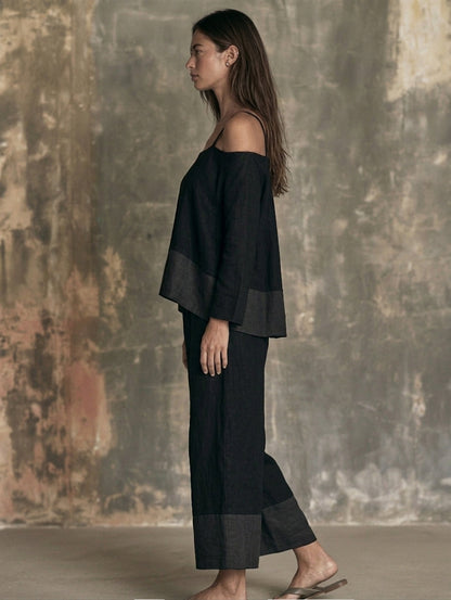 Women's Casual 2-Piece Set Black Cotton-Linen Long-Sleeve Off-Shoulder And Pants