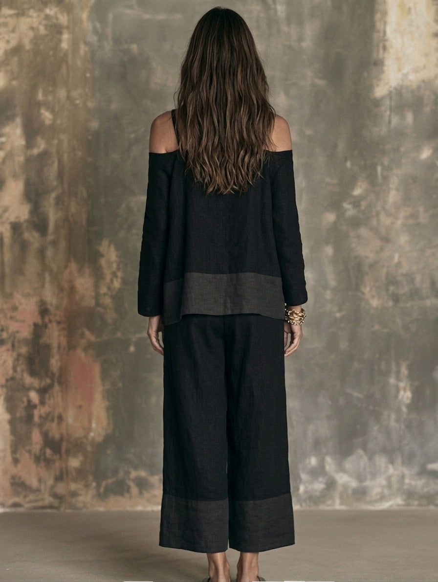 Women's Casual 2-Piece Set Black Cotton-Linen Long-Sleeve Off-Shoulder And Pants