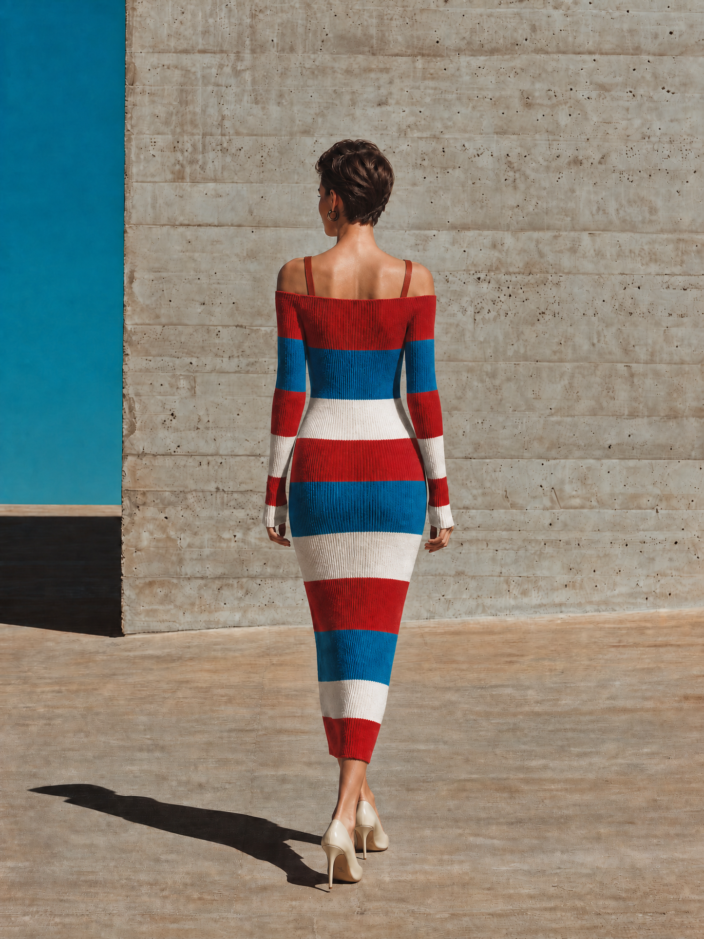 Women's Off Shoulder Buckle Strap Striped Bodycon Dress
