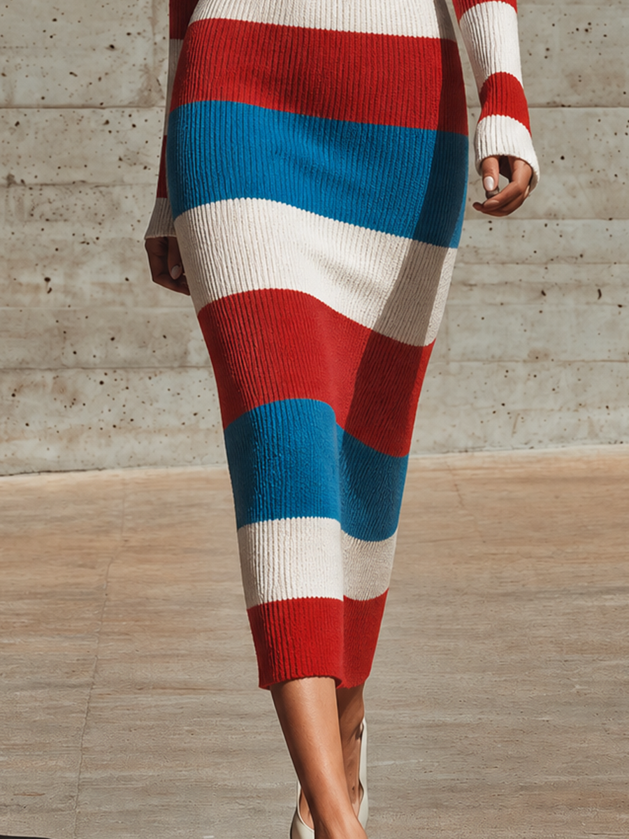 Women's Off Shoulder Buckle Strap Striped Bodycon Dress