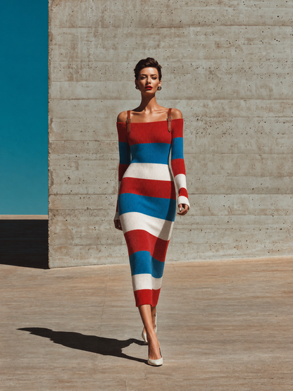 Women's Off Shoulder Buckle Strap Striped Bodycon Dress
