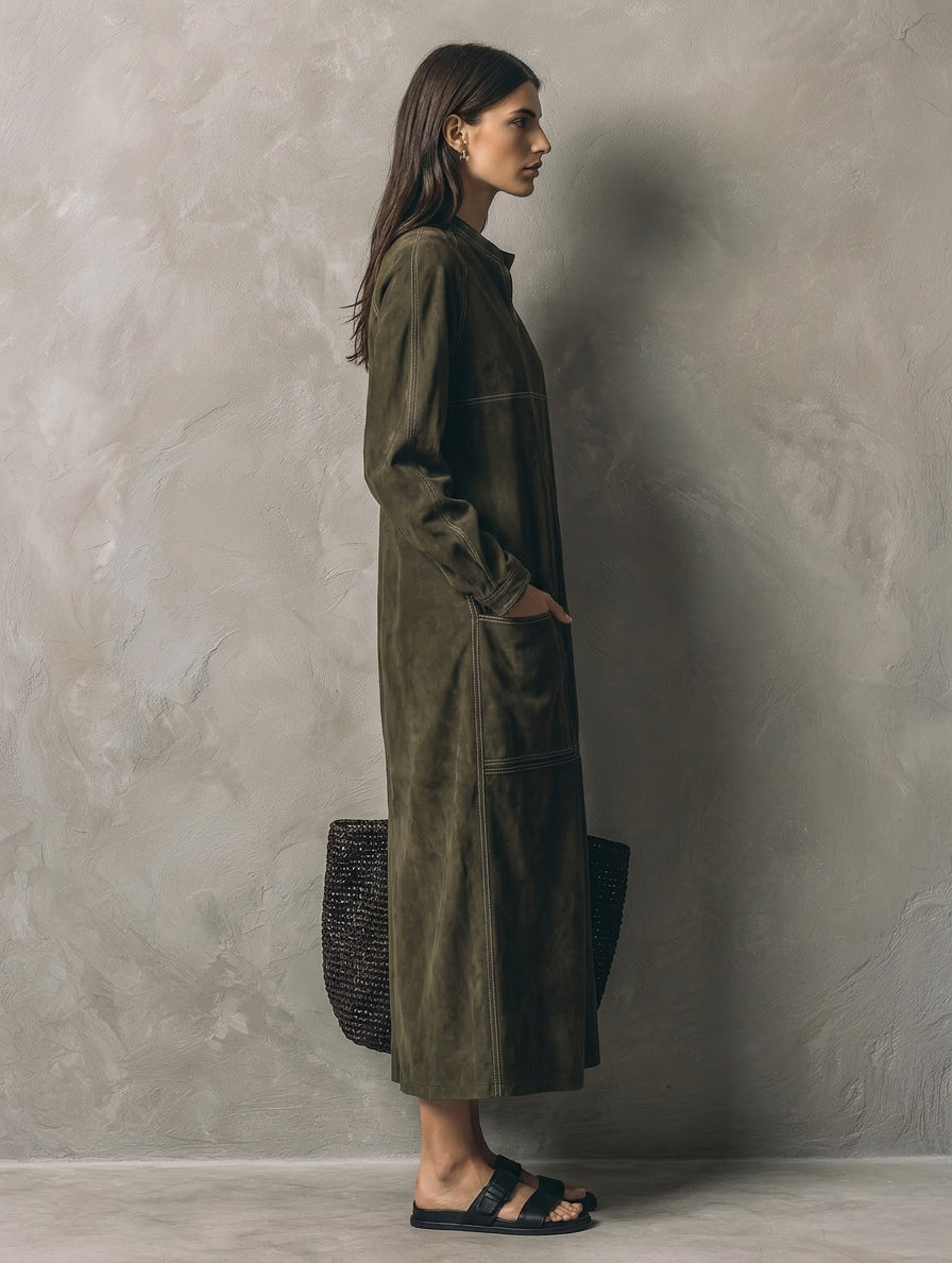 Women's Casual Olive Green Suede Long-sleeve Maxi Dress