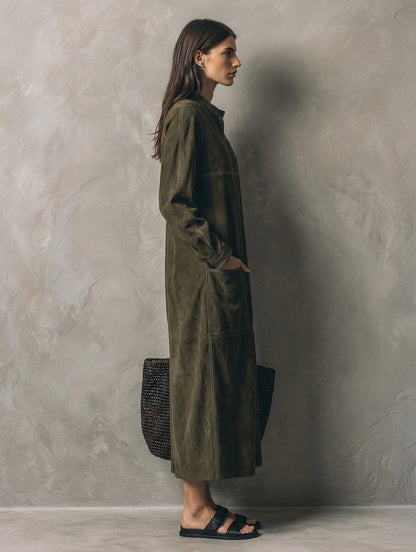 Women's Casual Olive Green Suede Long-sleeve Maxi Dress