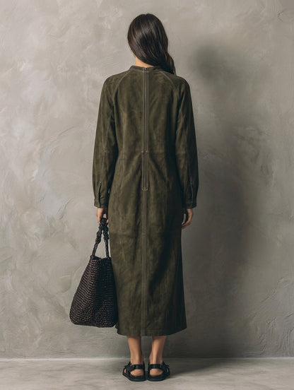 Women's Casual Olive Green Suede Long-sleeve Maxi Dress