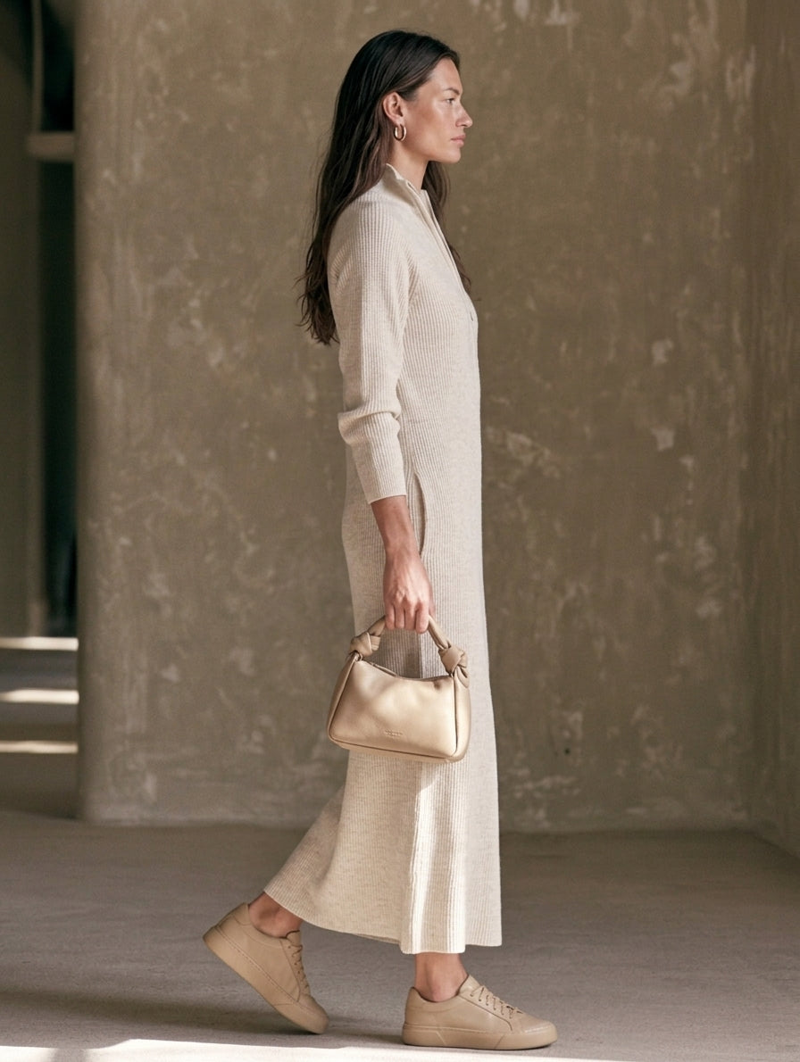 Women's Casual Oatmeal Knit Long-Sleeve Maxi Dress With Zip Collar