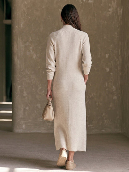 Women's Casual Oatmeal Knit Long-Sleeve Maxi Dress With Zip Collar