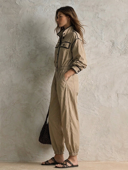 Women's Casual Khaki Woven Long-Sleeve Jumpsuit