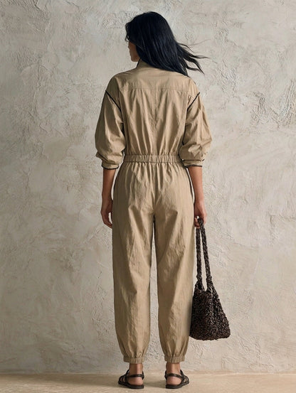 Women's Casual Khaki Woven Long-Sleeve Jumpsuit