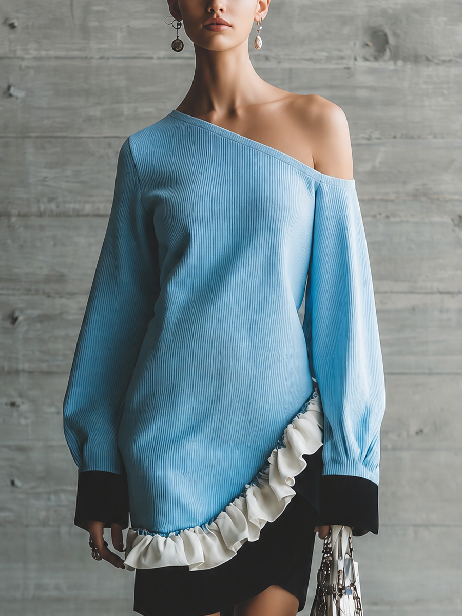 Women's One Shoulder Ruffle Hem Blue Dress