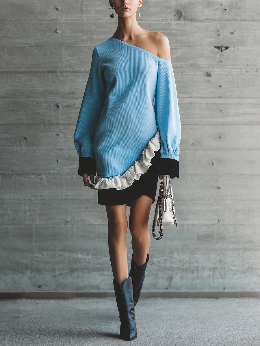Women's One Shoulder Ruffle Hem Blue Dress