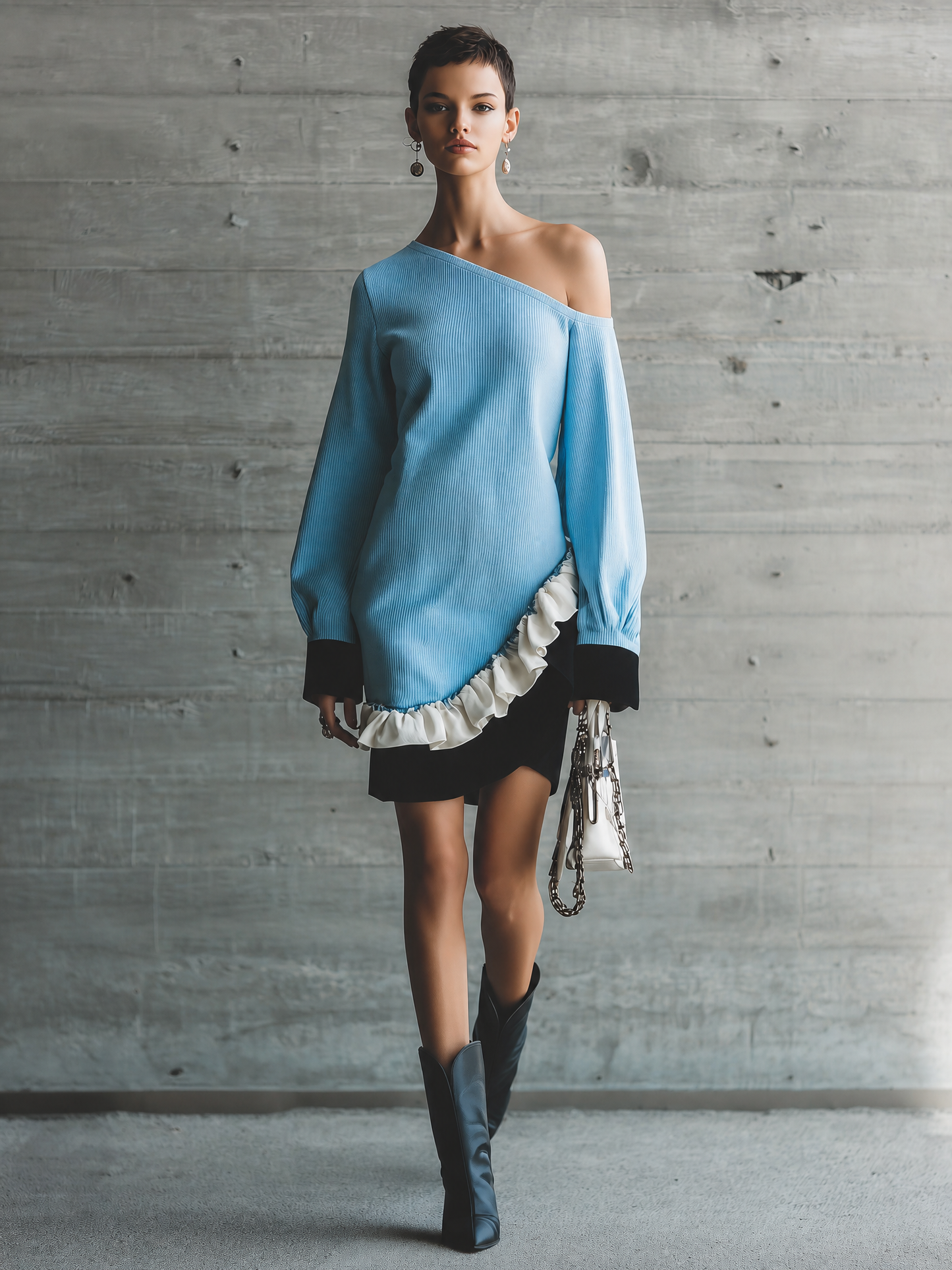 Women's One Shoulder Ruffle Hem Blue Dress