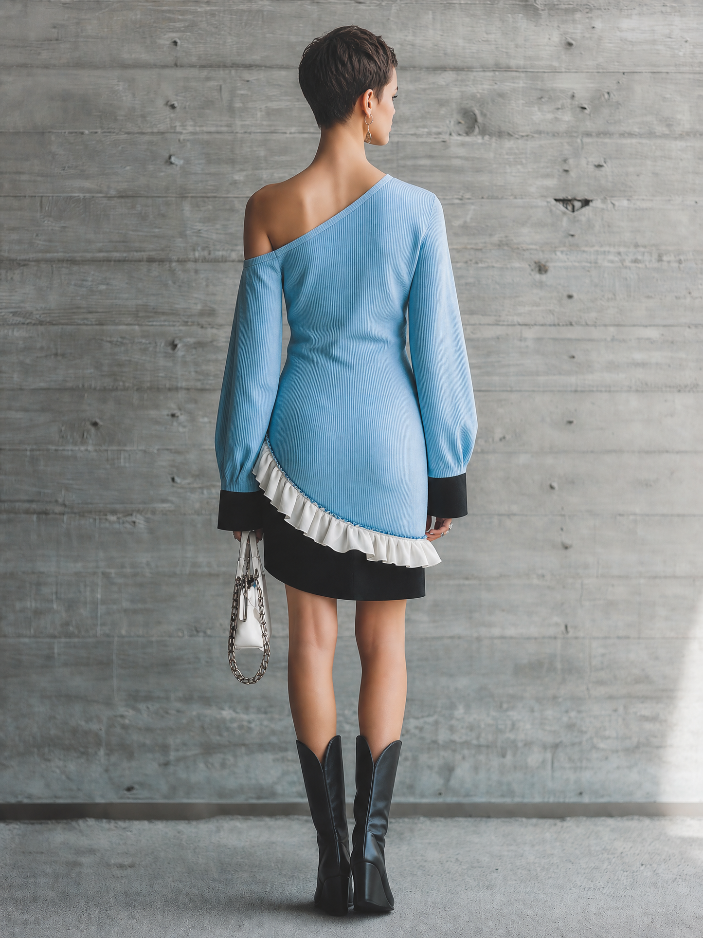 Women's One Shoulder Ruffle Hem Blue Dress