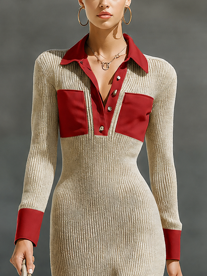 Women's Polo Collar Colorblock Splicing Ribbed Beige Bodycon Dress