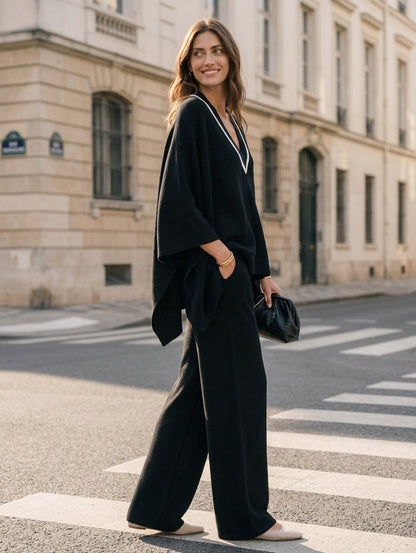 Women's Casual 2-Piece Set Black V-Neck Knit Top And Pants
