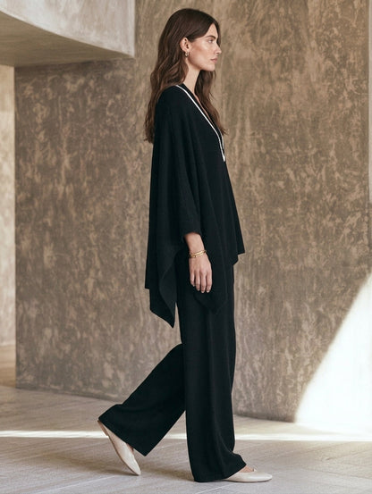 Women's Casual 2-Piece Set Black V-Neck Knit Top And Pants