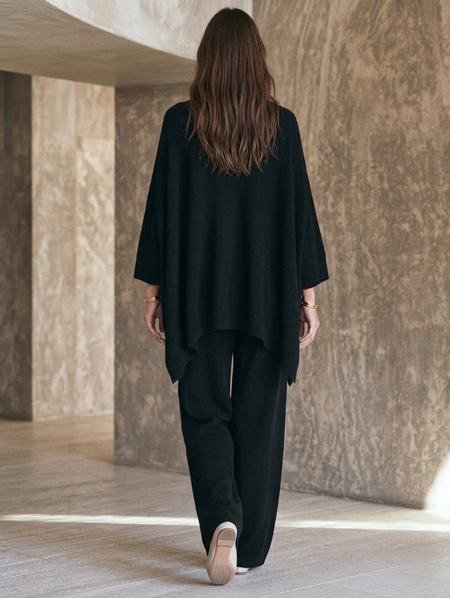 Women's Casual 2-Piece Set Black V-Neck Knit Top And Pants
