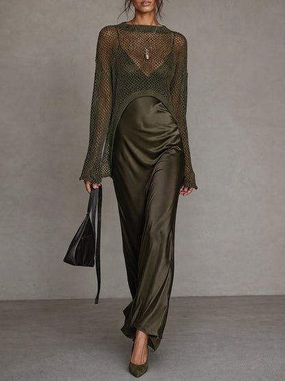 Women's Minimalist Satin Camisole Dress And Knit Cover-up Set