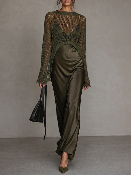 Women's Minimalist Satin Camisole Dress And Knit Cover-up Set