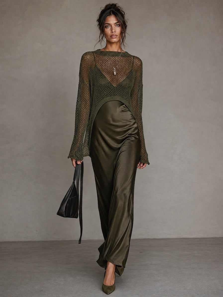 Women's Minimalist Satin Camisole Dress And Knit Cover-up Set