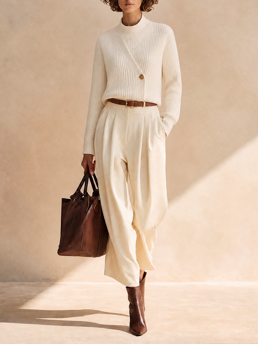 Women's Elegant Ribbed-Knit Mock-Neck Button-Detail Long-Sleeve Sweater
