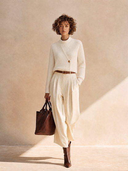 Women's Elegant Ribbed-Knit Mock-Neck Button-Detail Long-Sleeve Sweater