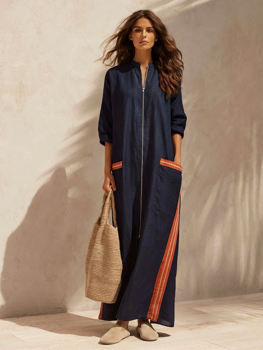 Women's Stand-Collar Half-Zip Cotton-Linen Maxi Dress With Contrast Stripes