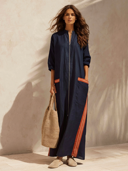 Women's Stand-Collar Half-Zip Cotton-Linen Maxi Dress With Contrast Stripes
