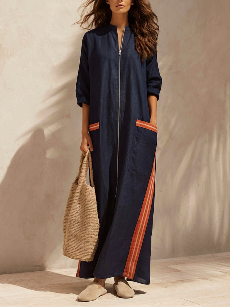 Women's Stand-Collar Half-Zip Cotton-Linen Maxi Dress With Contrast Stripes