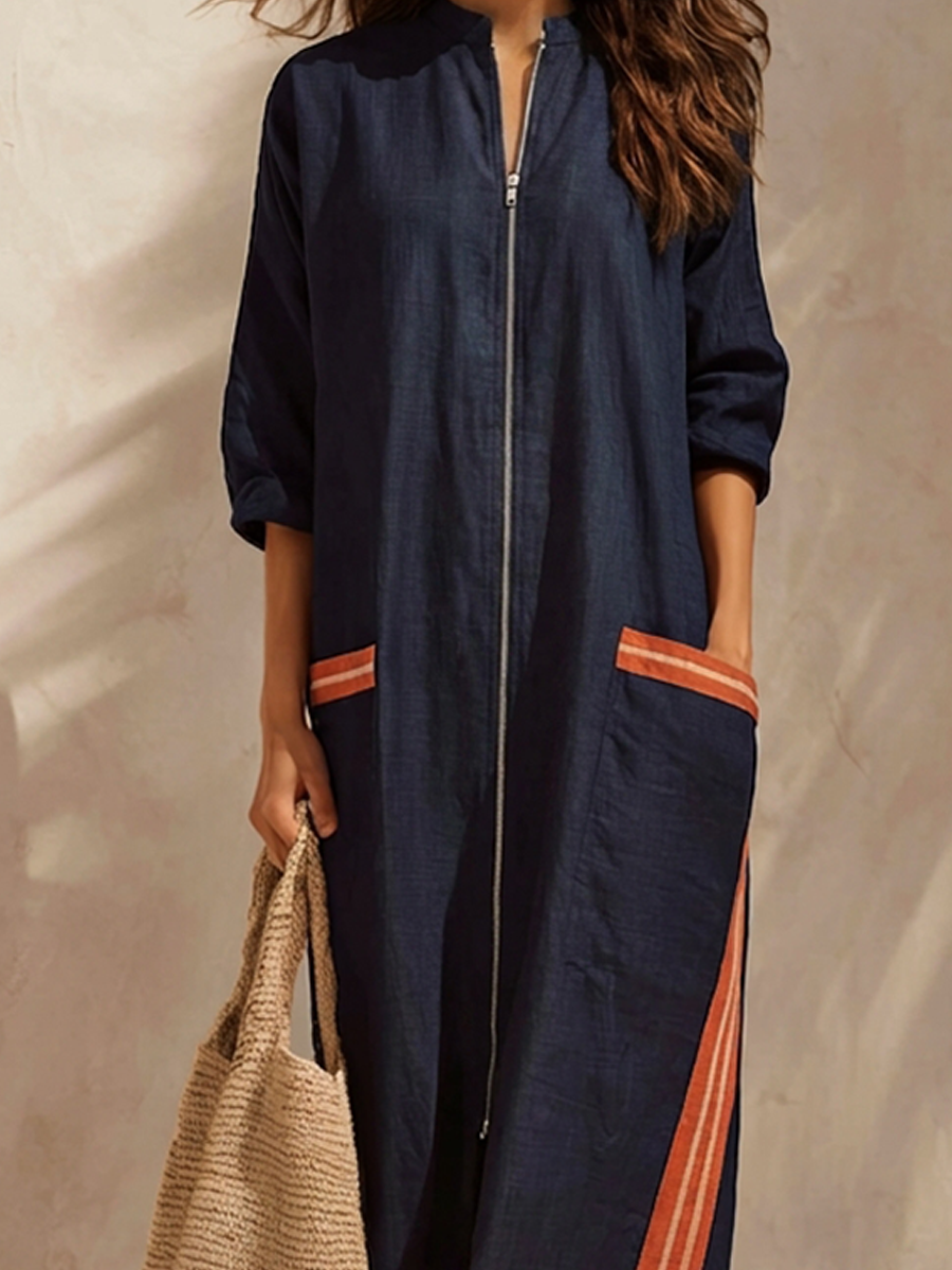 Women's Stand-Collar Half-Zip Cotton-Linen Maxi Dress With Contrast Stripes