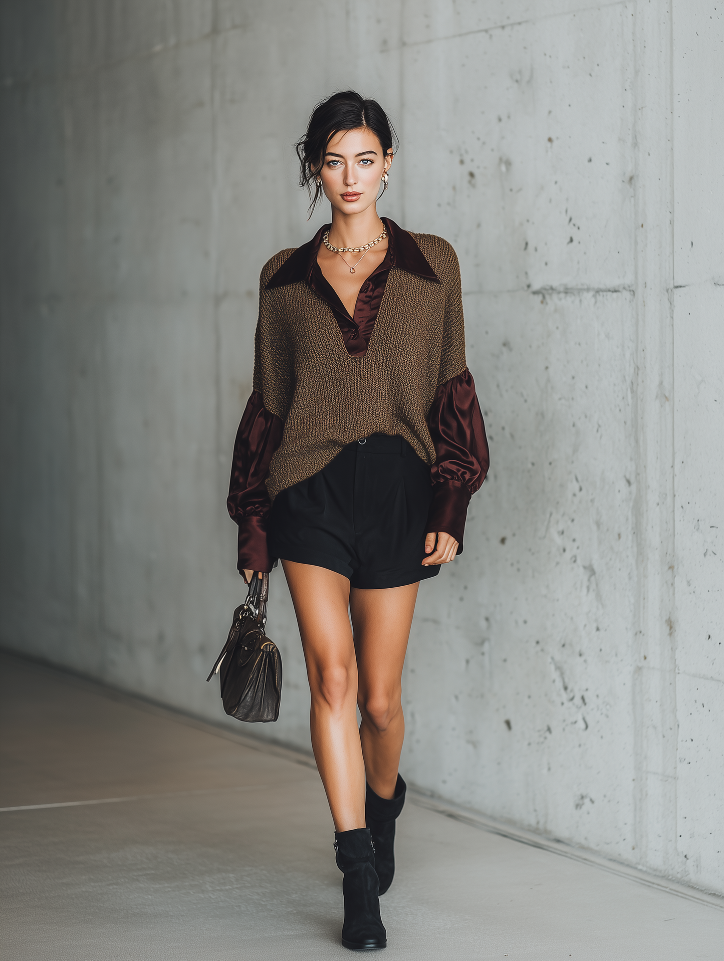 Women's Polo Collar Satin Sleeve Knit Brown Sweater