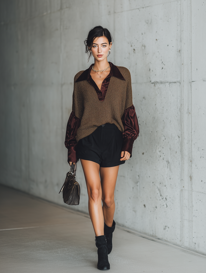 Women's Polo Collar Satin Sleeve Knit Brown Sweater