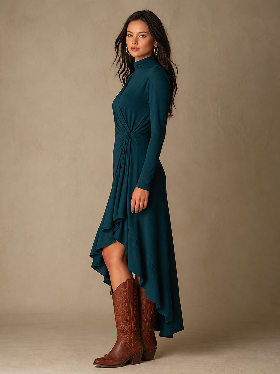 Women's Waist Twist Ruffle Solid Elegant Turtleneck Long Sleeve Maxi Dress