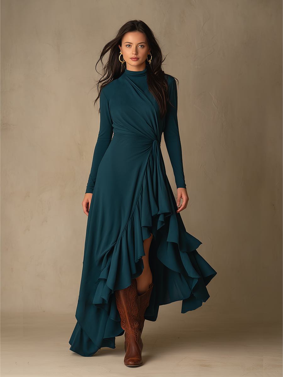 Women's Waist Twist Ruffle Solid Elegant Turtleneck Long Sleeve Maxi Dress