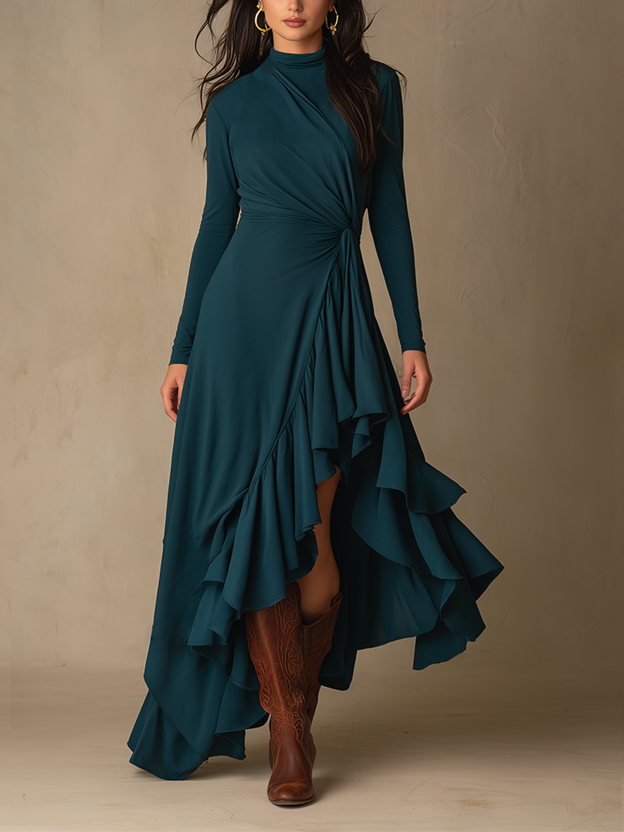 Women's Waist Twist Ruffle Solid Elegant Turtleneck Long Sleeve Maxi Dress
