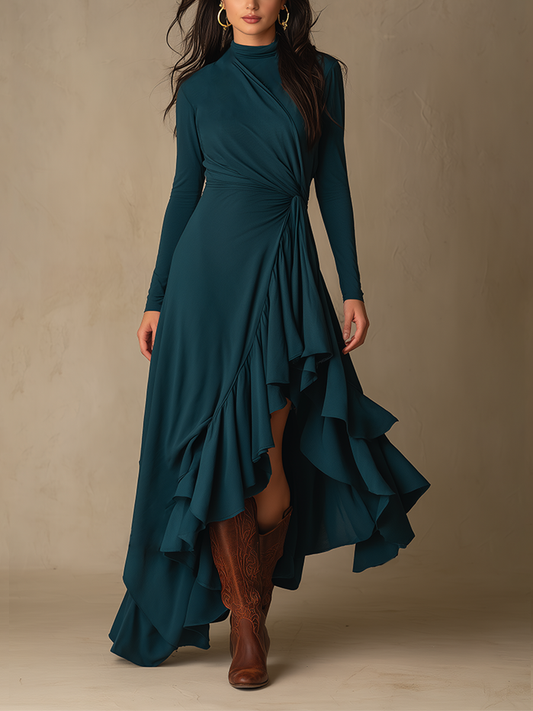 Women's Waist Twist Ruffle Solid Elegant Turtleneck Long Sleeve Maxi Dress
