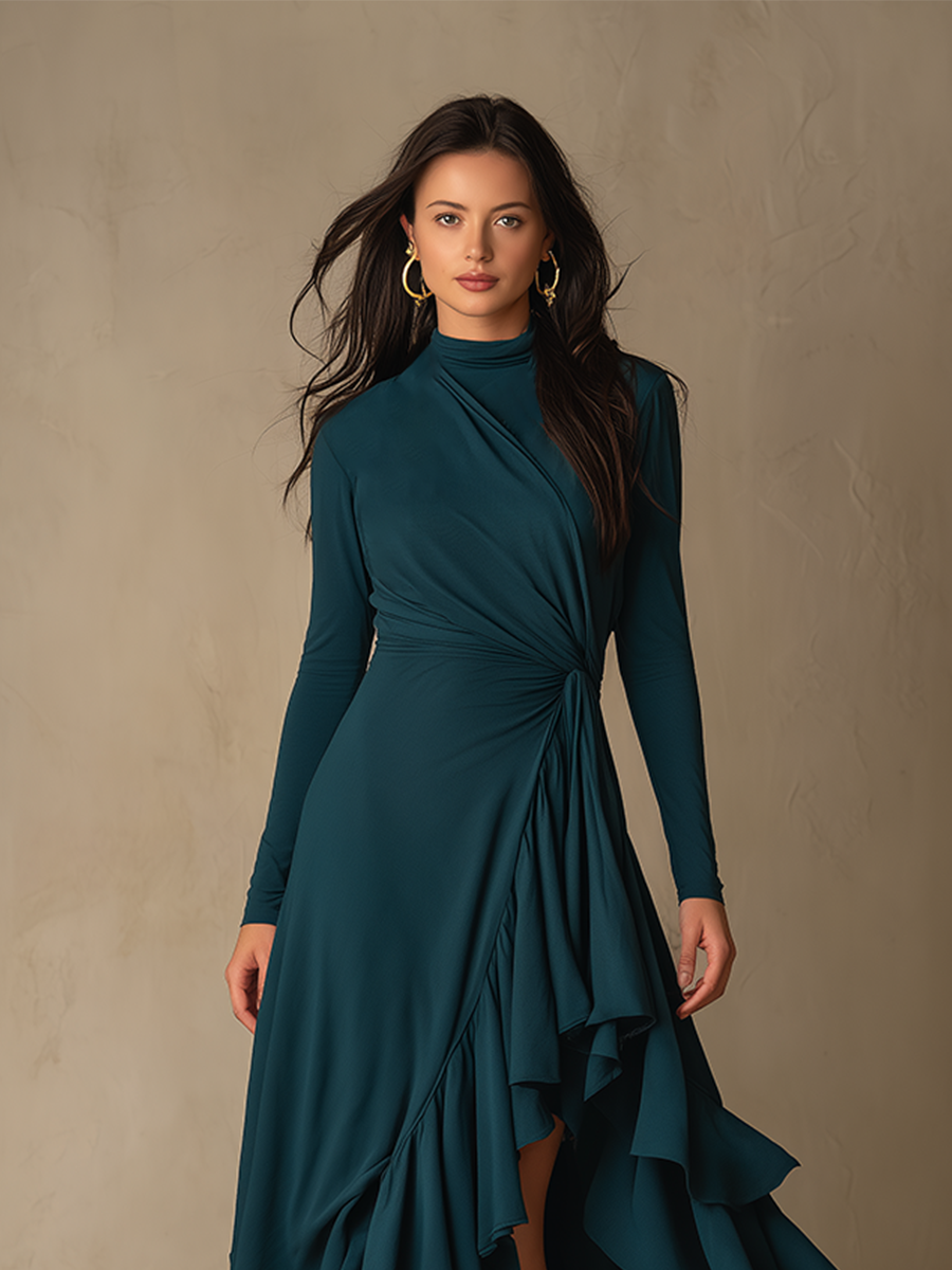 Women's Waist Twist Ruffle Solid Elegant Turtleneck Long Sleeve Maxi Dress