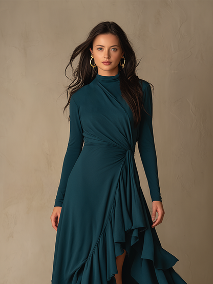 Women's Waist Twist Ruffle Solid Elegant Turtleneck Long Sleeve Maxi Dress