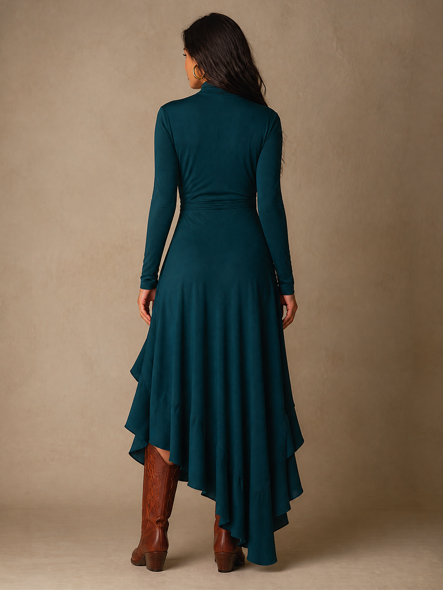 Women's Waist Twist Ruffle Solid Elegant Turtleneck Long Sleeve Maxi Dress